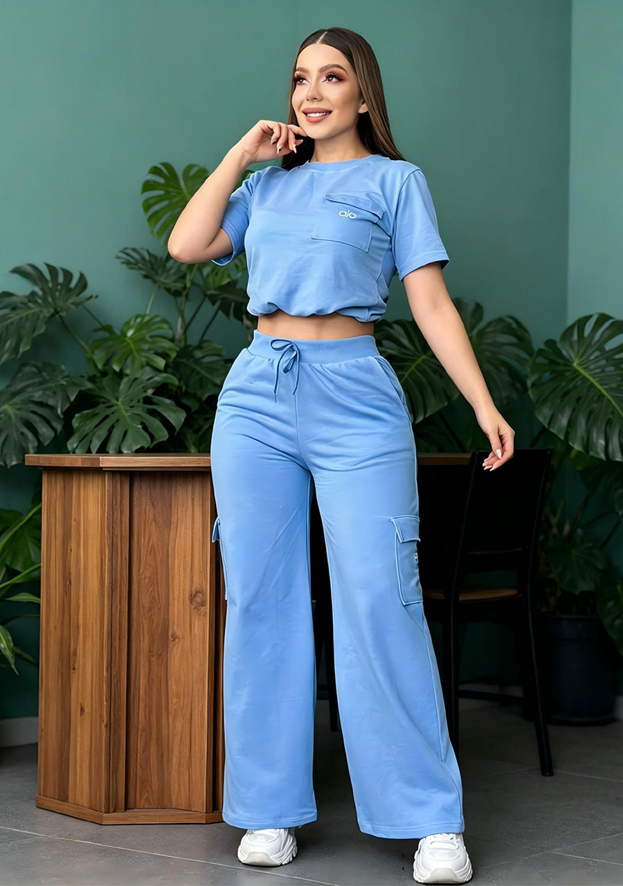 Embroidered Letter Short-Sleeve Wide-Leg Trousers Casual Sports Suit