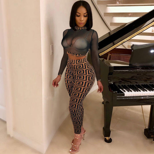 Sexy Mesh Pencil Pants Long Sleeve Trousers Suit