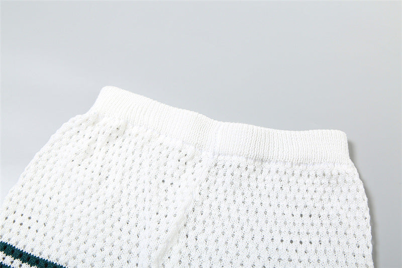 Knitted Lapel Striped Cardigan High Waist Shorts Casual Suit