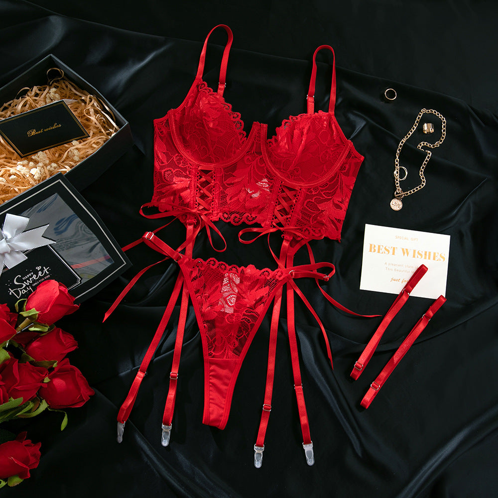 Sexy Camisole Lace Half Cup Herringbone Underwire Gathered Bra Set