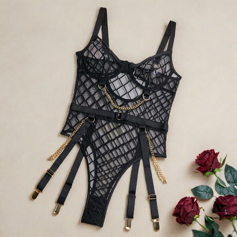 Sexy Fishnet Mesh Bodysuit with Metal Chain Accessories