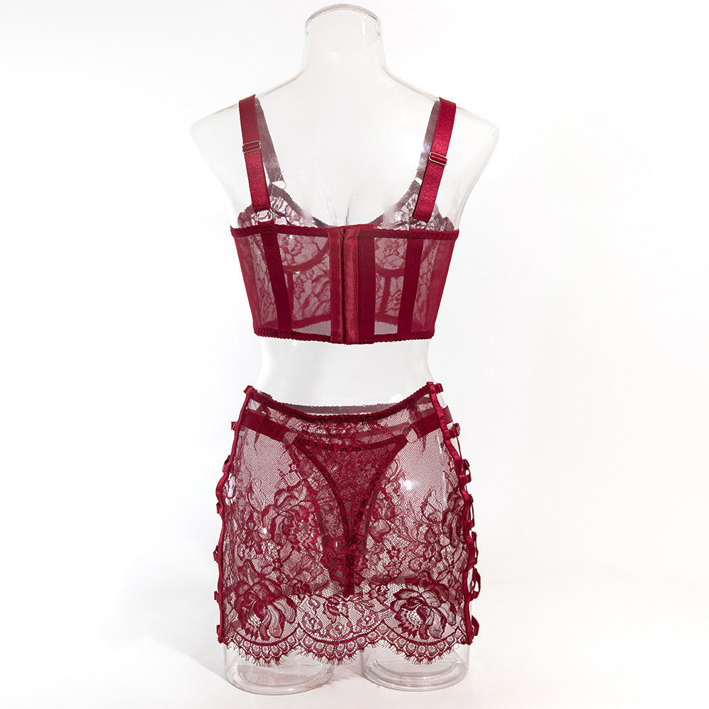 Lace Lace Underwire Gathered Sexy Hot Girl Suspenders Hip Skirt Three Piece Set