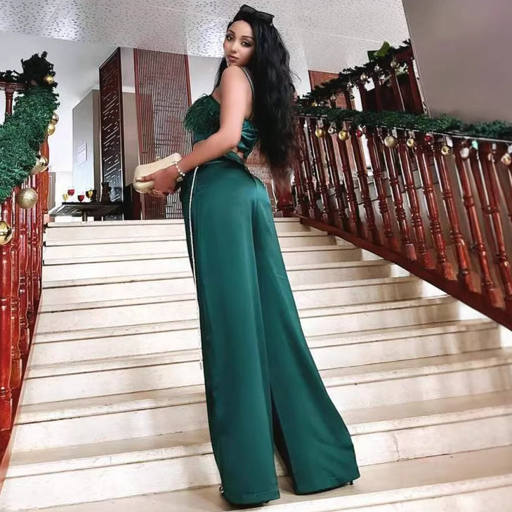 Tassel Halter Top and High-waisted Trousers Two-piece Set