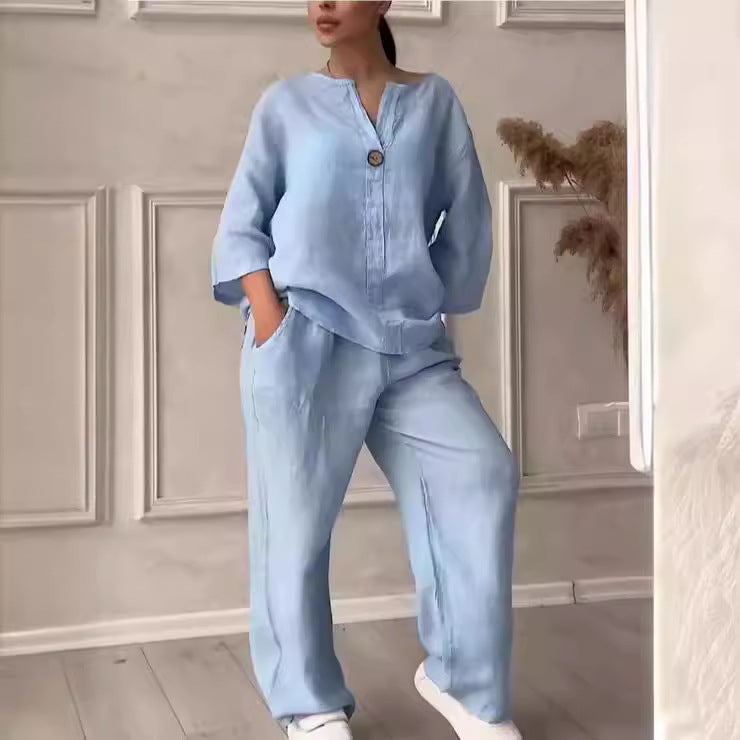 Fashionable Pure Color Cotton Linen Leisure Pants Set