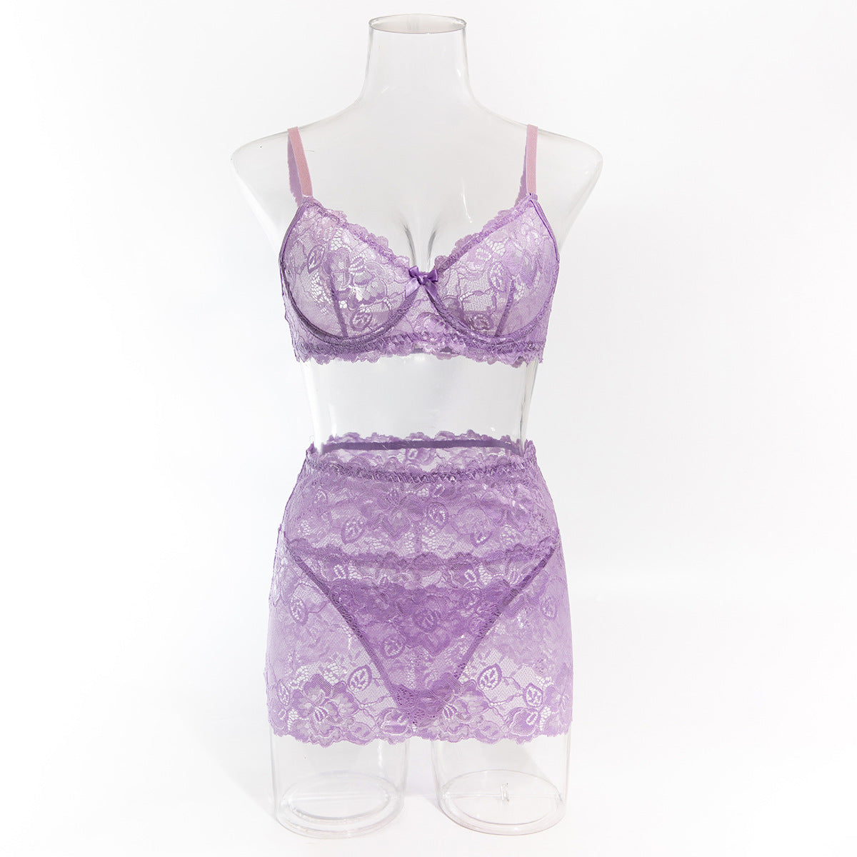 Sexy Light Purple Lace See-through Steel Ring Gathered Hip Skirt Three-piece Set