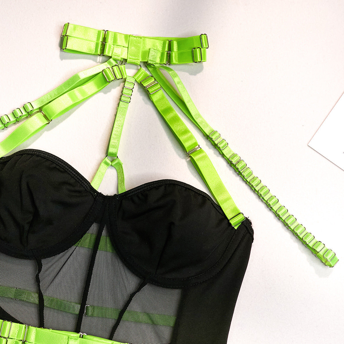 Sexy Fluorescent Green Scarf Strap Shawl Transparent Mesh Steel Ring Gathered Comfortable Jumpsuit