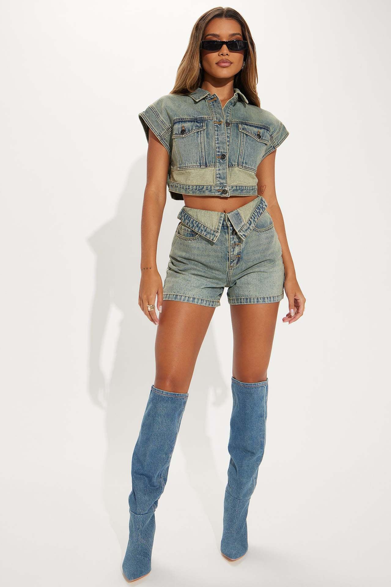 Fashionable Casual Denim Colorblock Two-piece Suit for Women