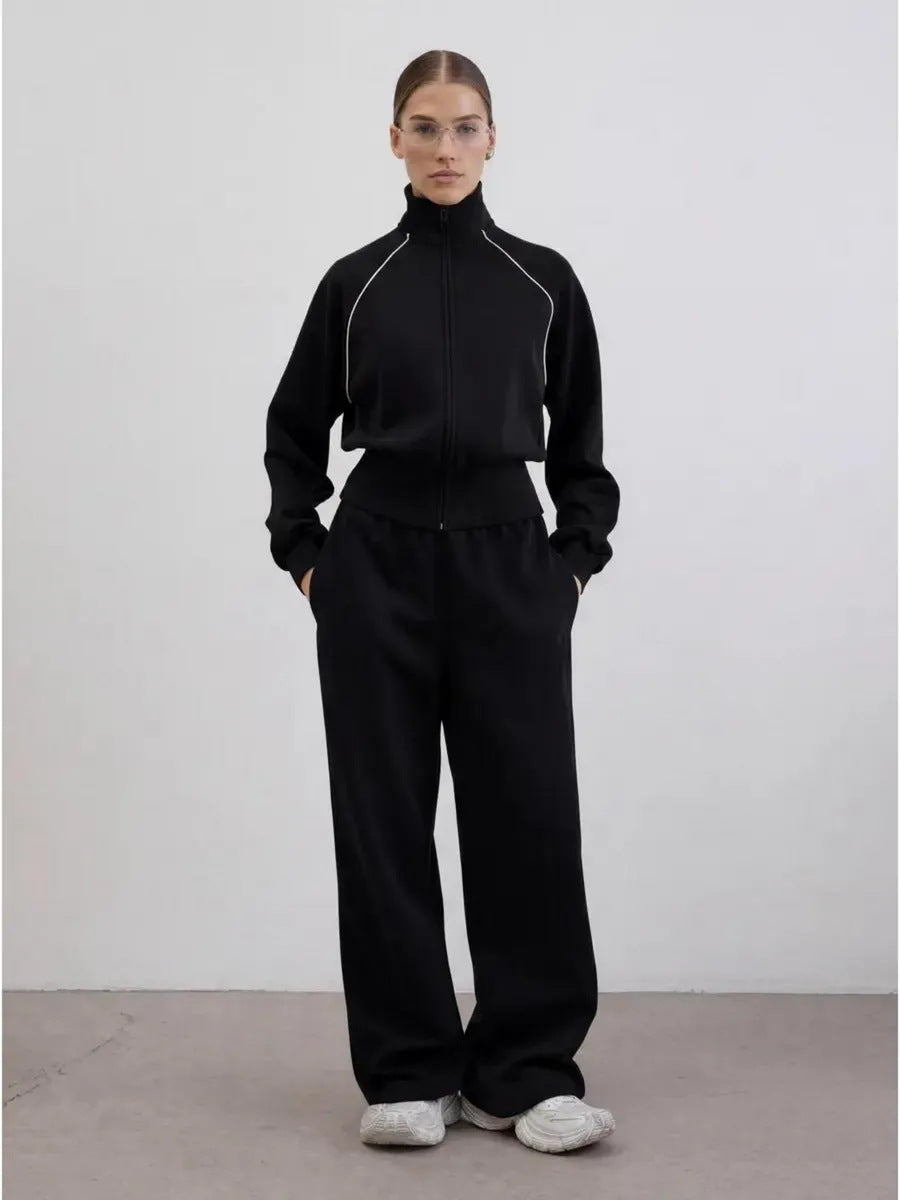 Stylish Line Long-Sleeved Zipper Cardigan Loose-Fitting Trousers Casual Suit