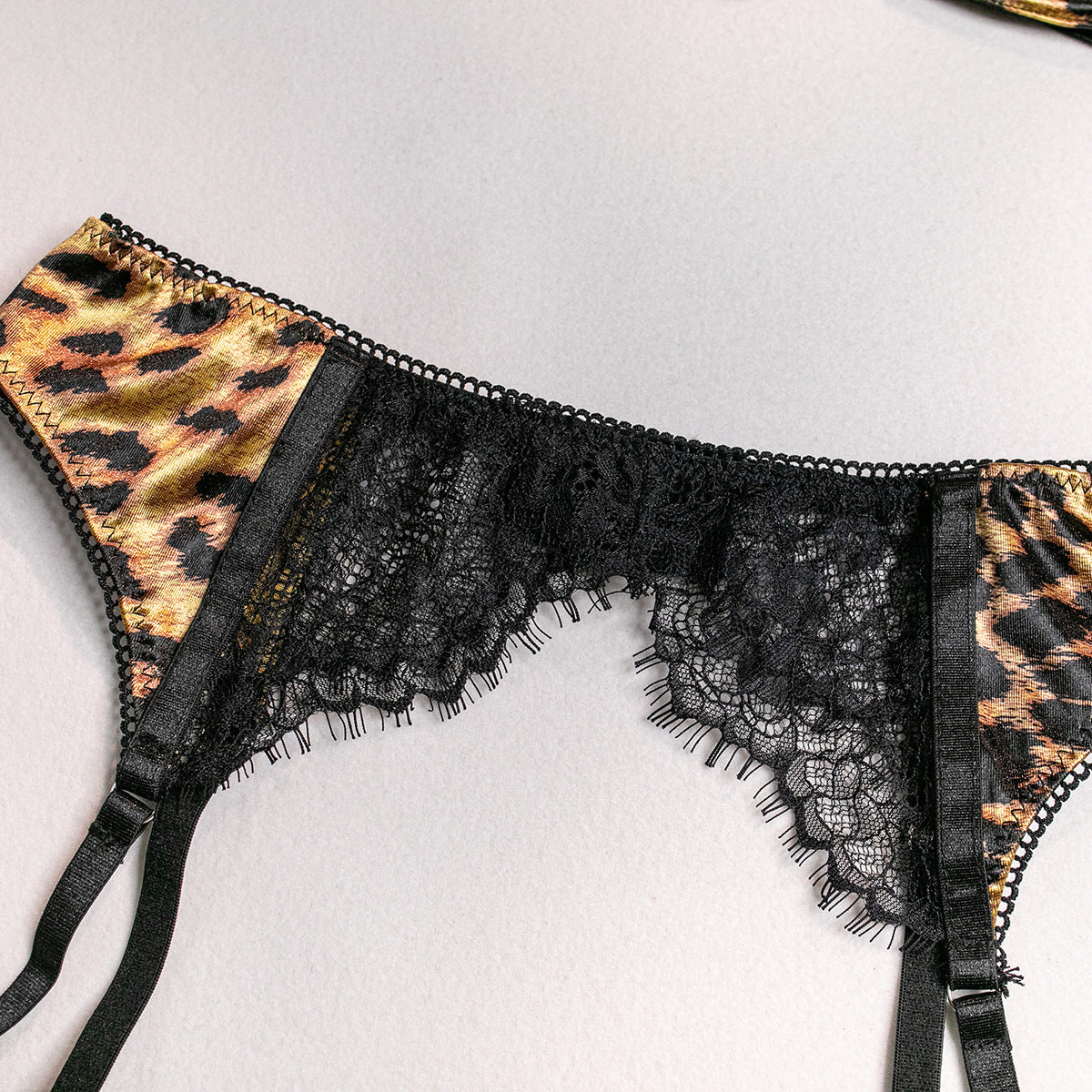 Sexy Wild Leopard Print Waist Bodysuit Upper Body Steel Ring Gathered Lace Three-piece Suit