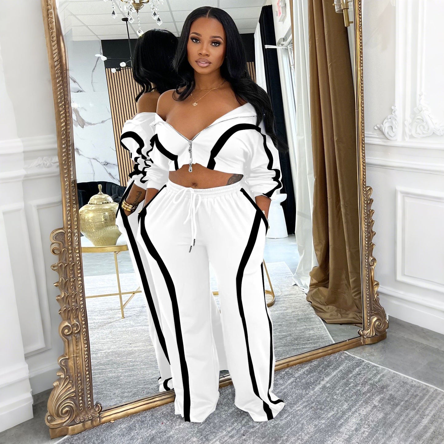 Stylish and Casual Color-blocked Long-sleeved Cardigan Tracksuit