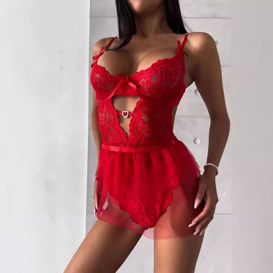 Heart Accessory Lace Detachable Sexy Dress Two-piece Set