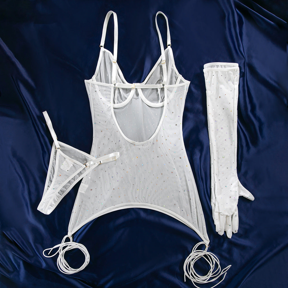 Sequined Nightclub Mesh Transparent Steel Ring Gathered Leggings with Gloves Dress Set