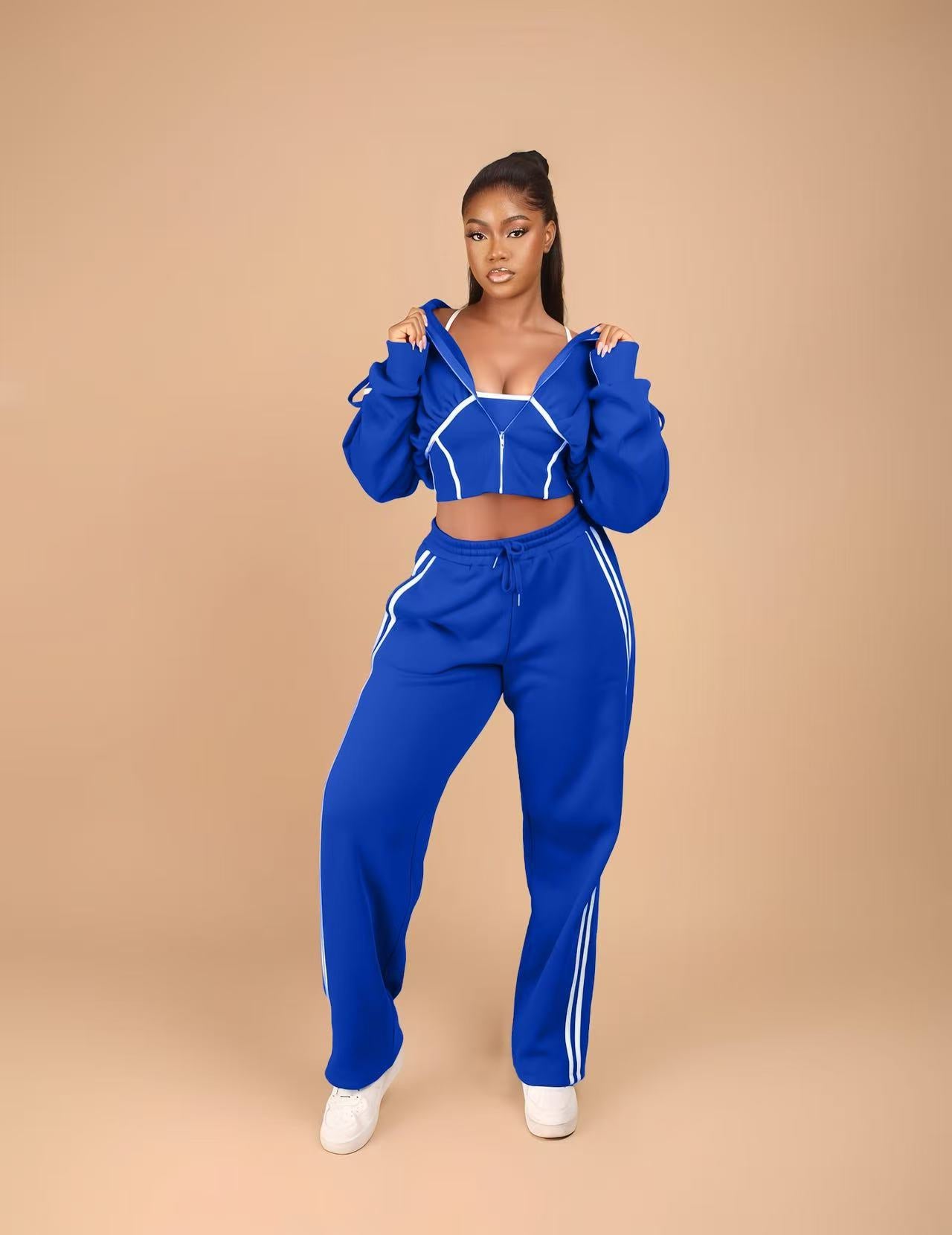 Fashionable Patchwork Hooded Sweatshirt Sports Casual Three-piece Suit