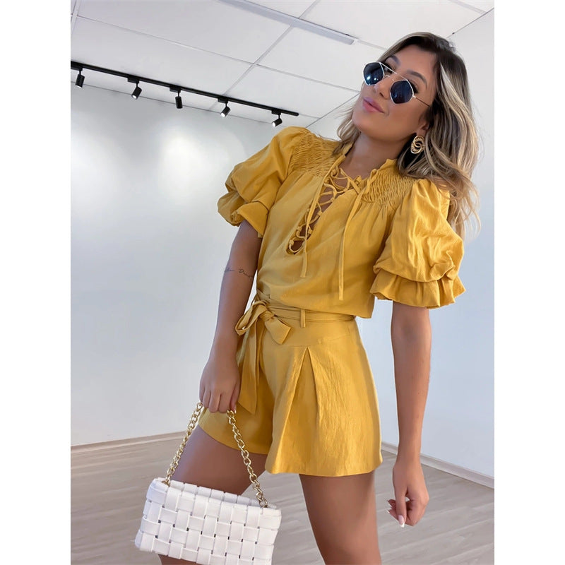 Stand Collar, Pile Sleeves, Shirt, High Waist, Tie-dye, Straight Shorts, Two-piece Suit