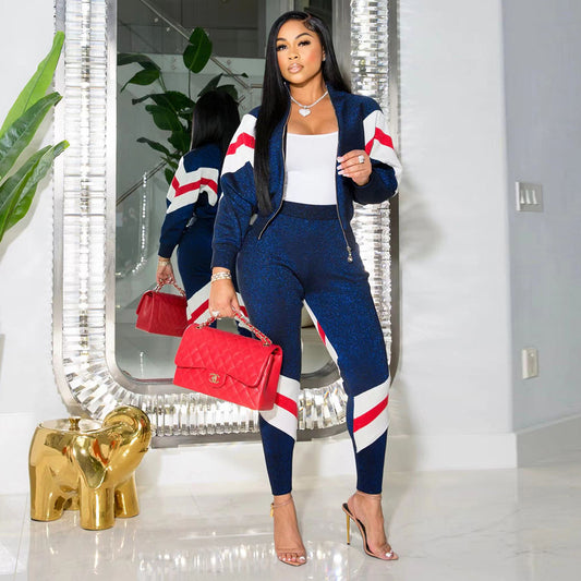 Casual Stitching Zipper Silver Silk Jacket and Trousers Sports Suit
