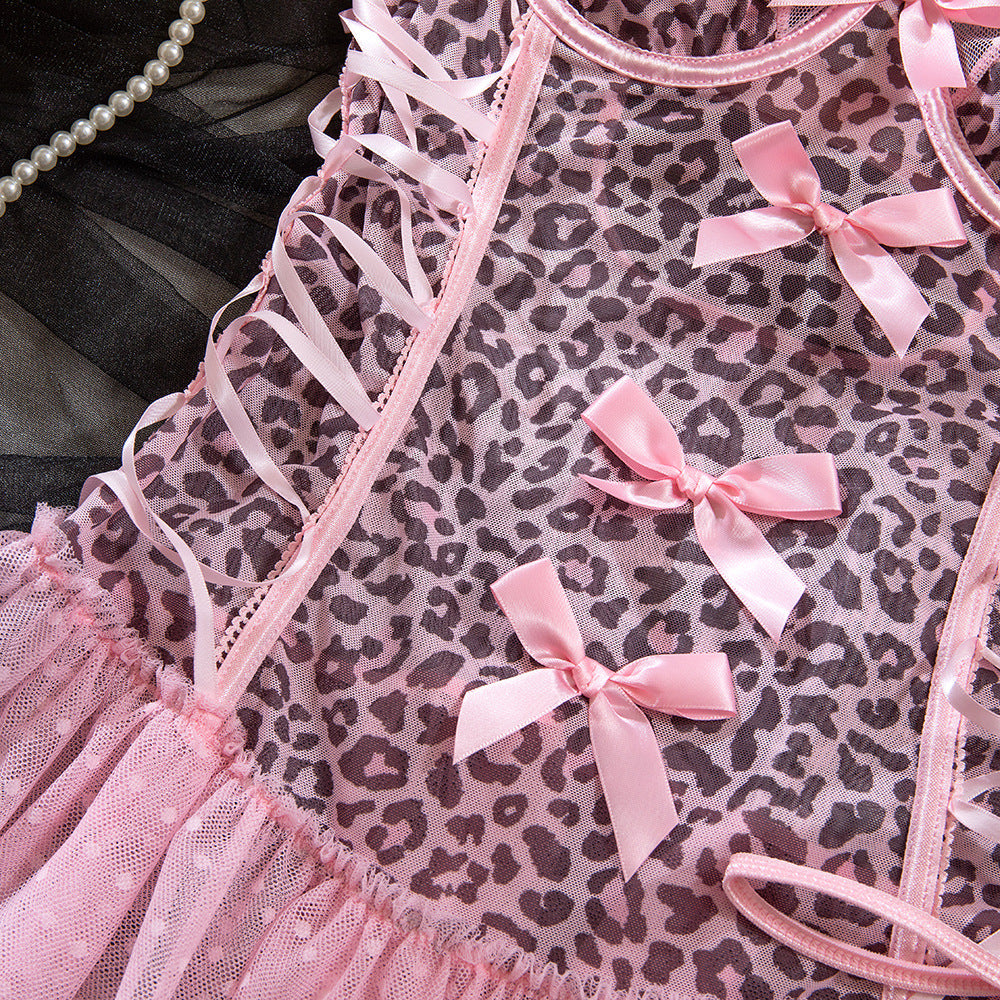 Sexy Pink Leopard Print Tulle Puffy Dress + T-Back