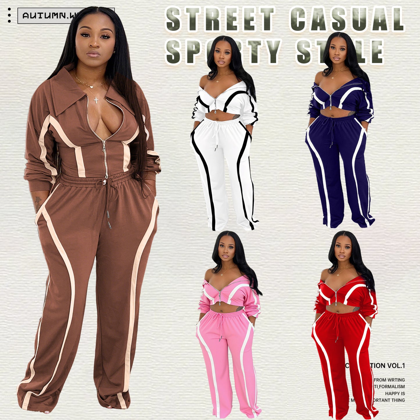Stylish and Casual Color-blocked Long-sleeved Cardigan Tracksuit