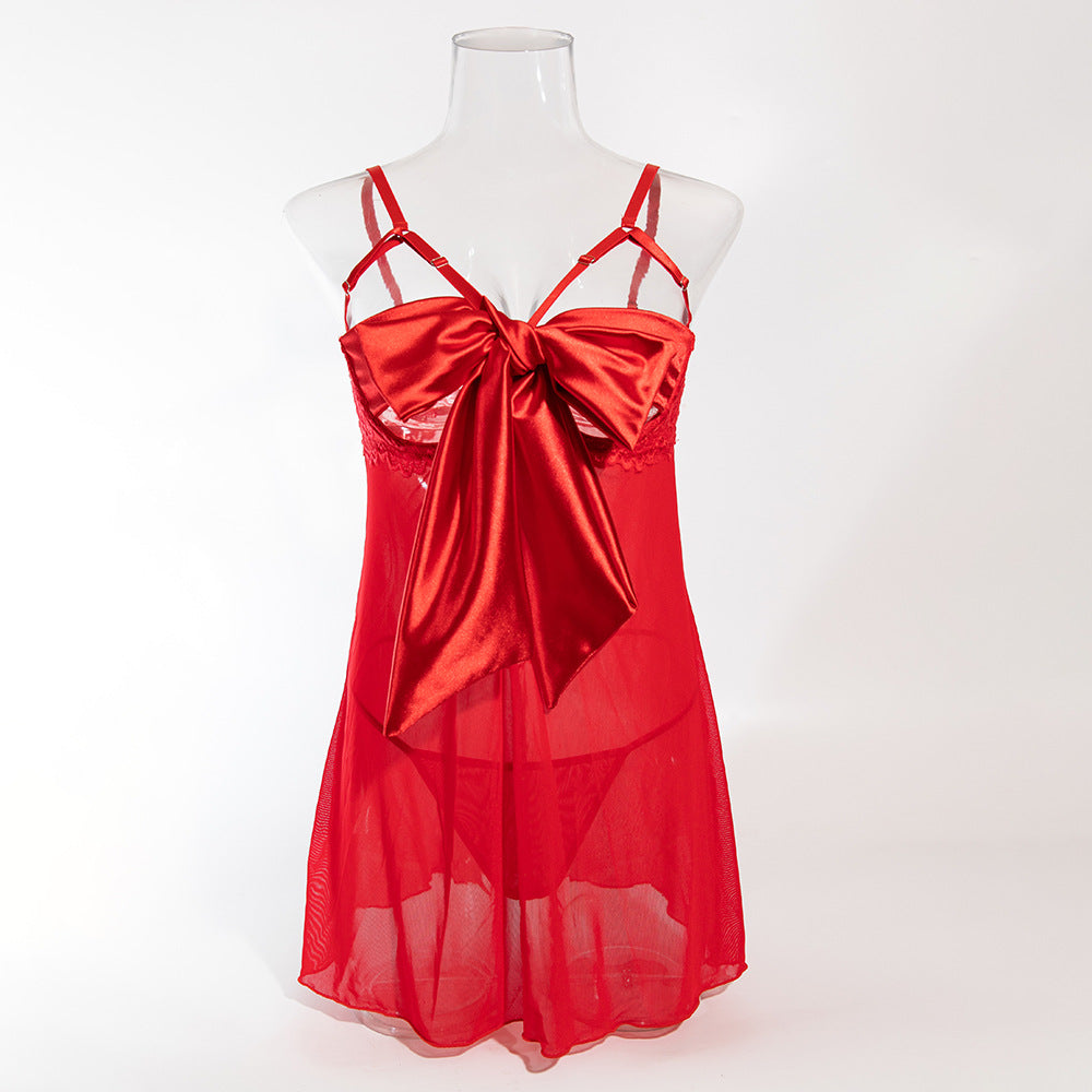 Sexy Transparent Mesh Underwire Gathered Bowknot Dress