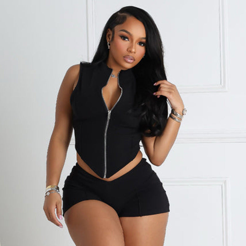 Zipper Lapel Sleeveless Line Navel High Waist Shorts Set