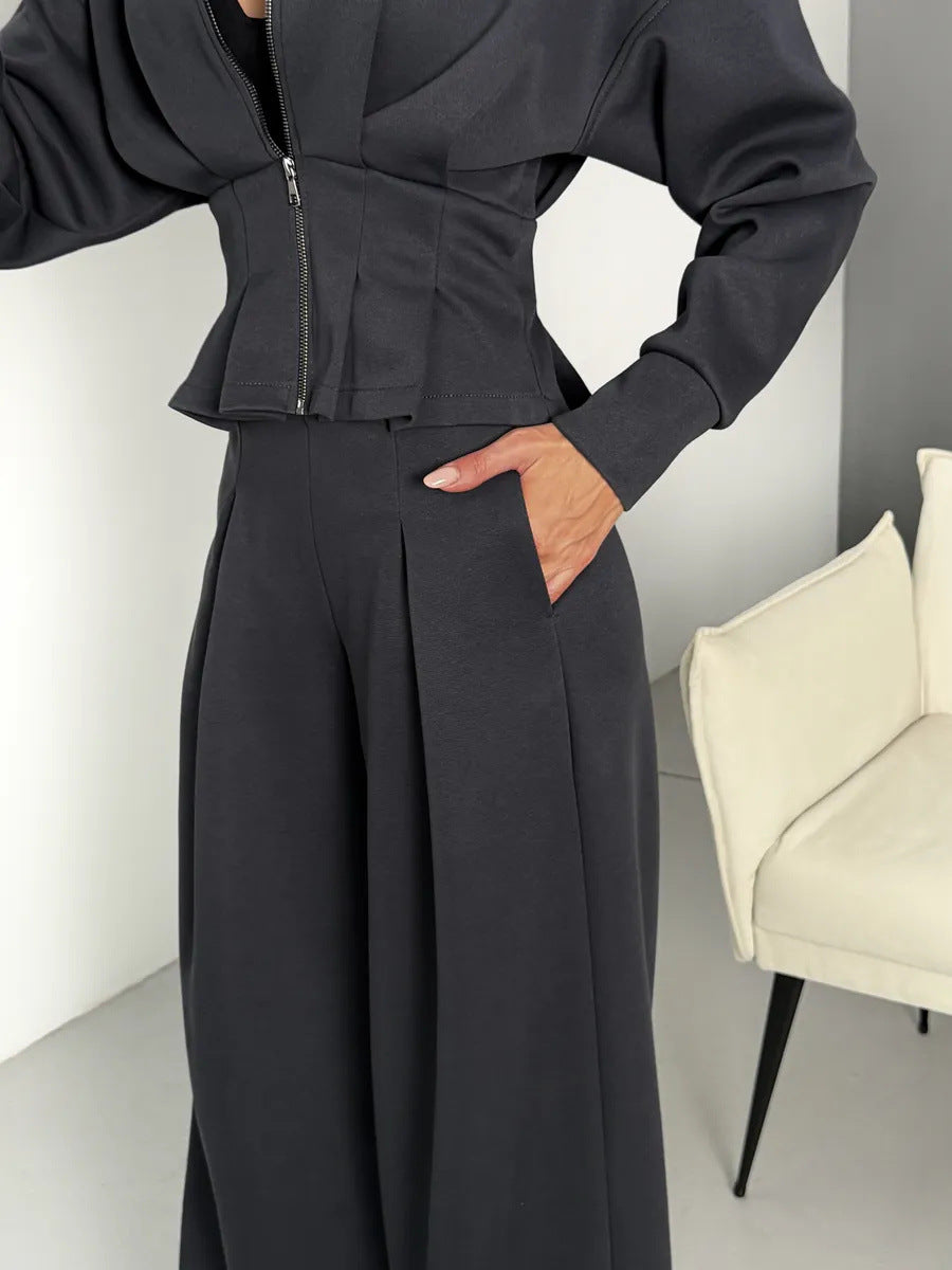 Stand-up Collar Long-sleeved Belted Sweatshirt and Casual Pants Set