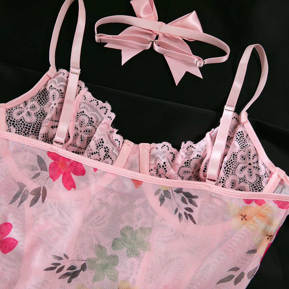 Sexy Lace Floral Mesh Printed Underwire Gathered Bowknot Neck Dress