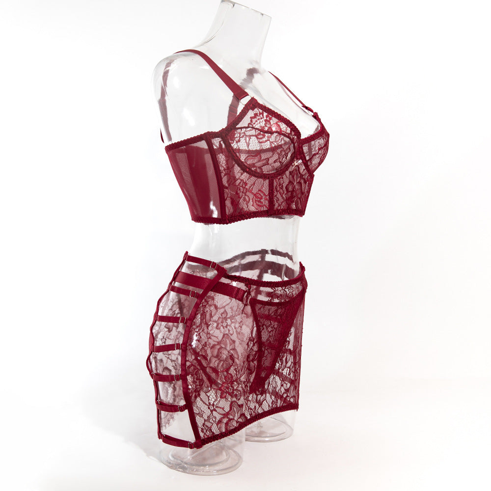 Lace Lace Underwire Gathered Sexy Hot Girl Suspenders Hip Skirt Three Piece Set