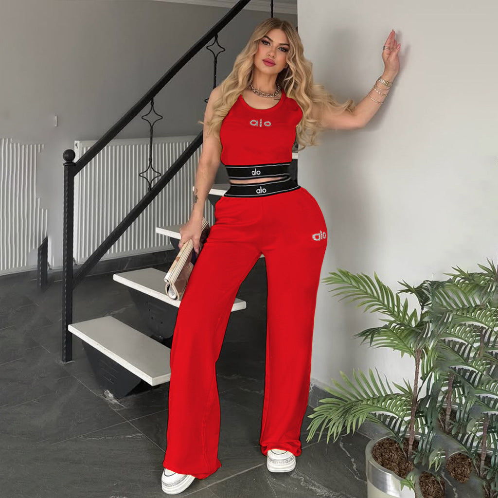Fashionable Cropped Tank Top and Trousers Casual Sportswear Set