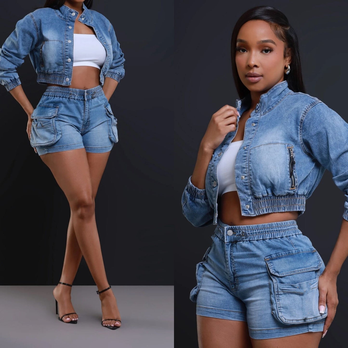 Fashion Slim Stretch Denim Shorts + Long-sleeved Top Set