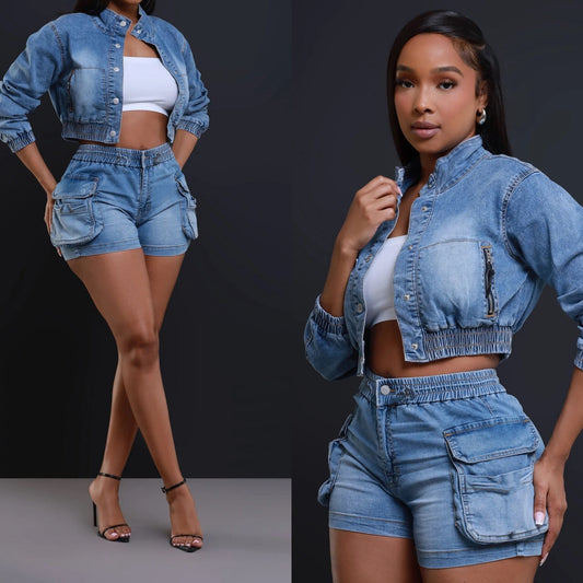 Fashion Slim Stretch Denim Shorts + Long-sleeved Top Set