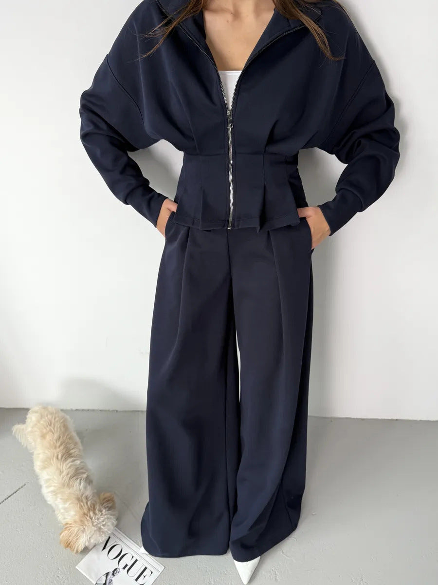 Stand-up Collar Long-sleeved Belted Sweatshirt and Casual Pants Set