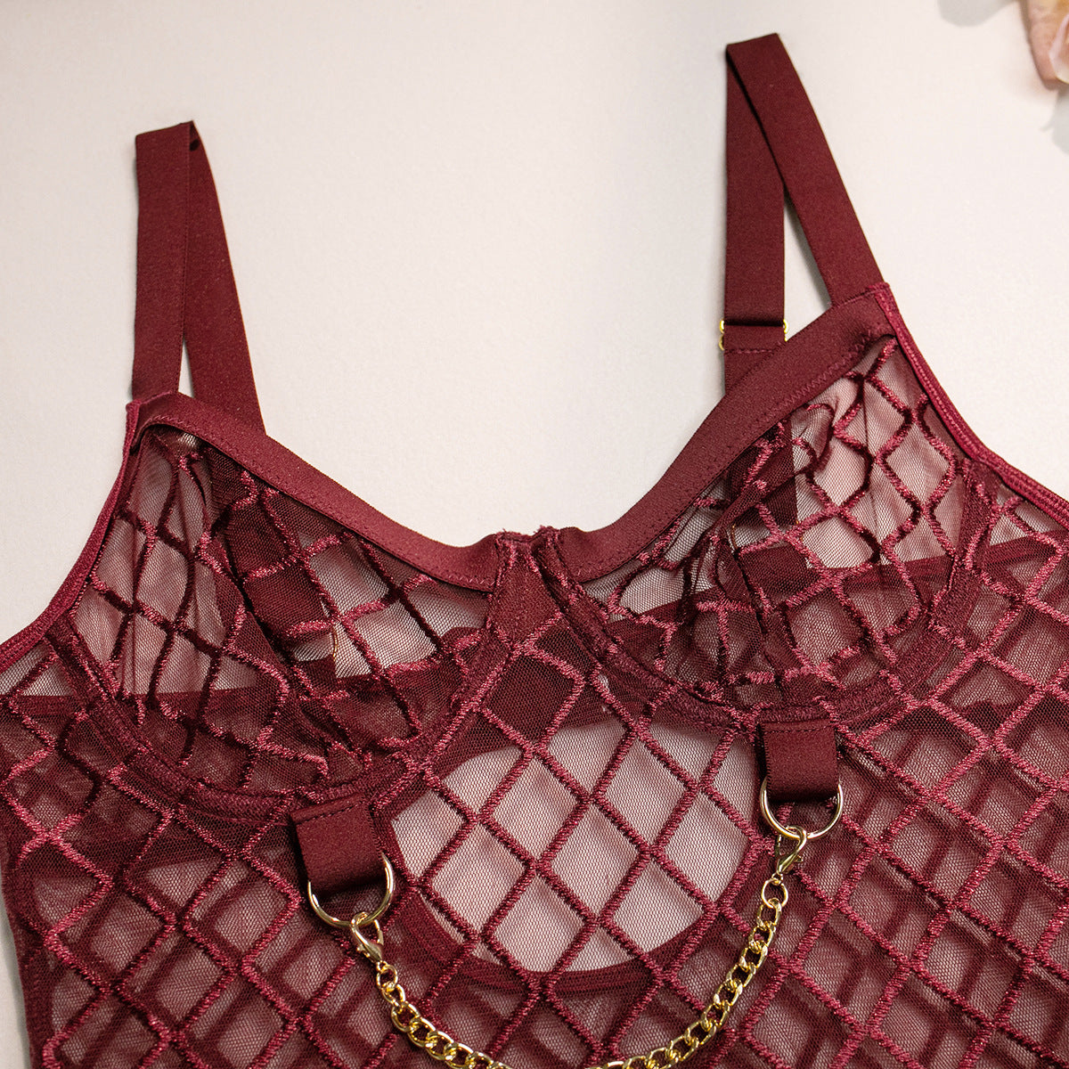 Sexy Fishnet Mesh Bodysuit with Metal Chain Accessories
