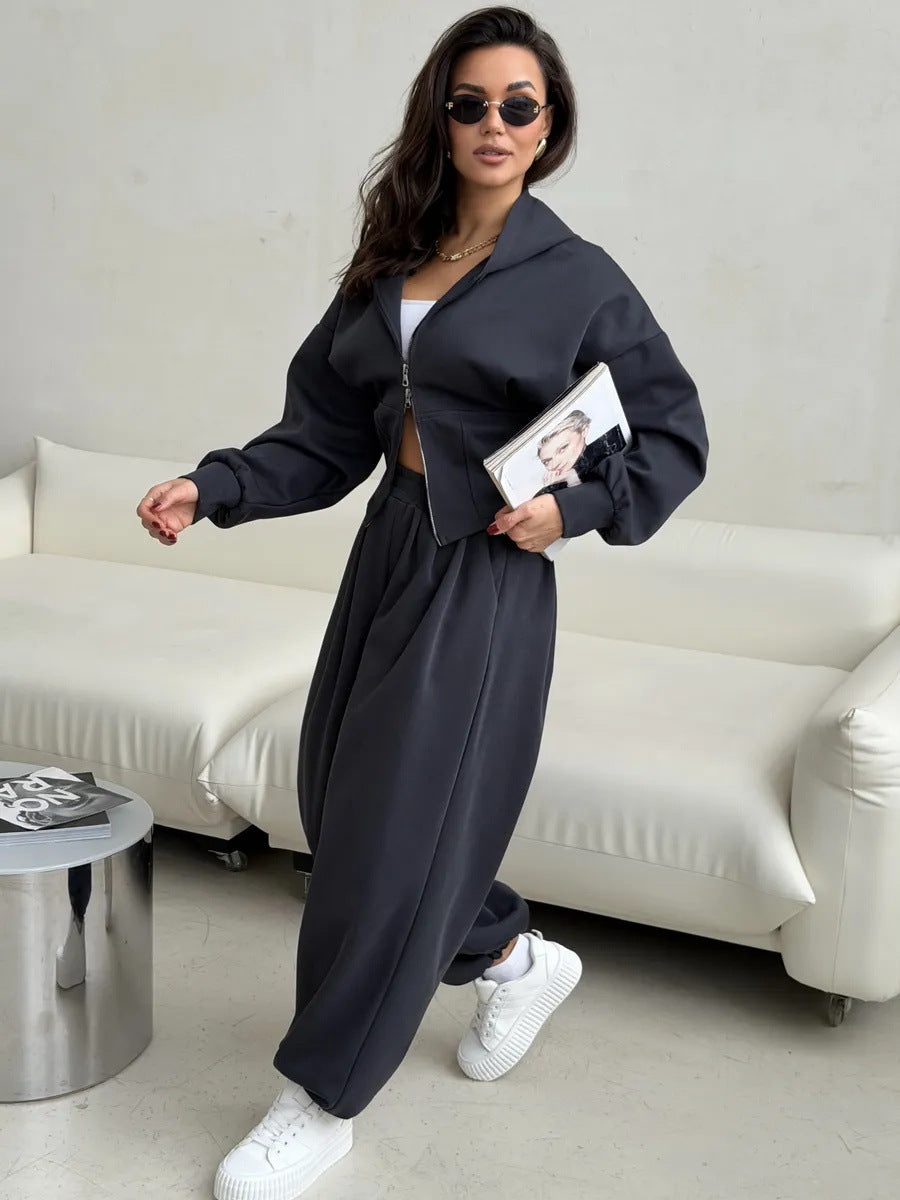 Solid Color Zip-up Cardigan Sweatshirt Loose Trousers Casual Suit