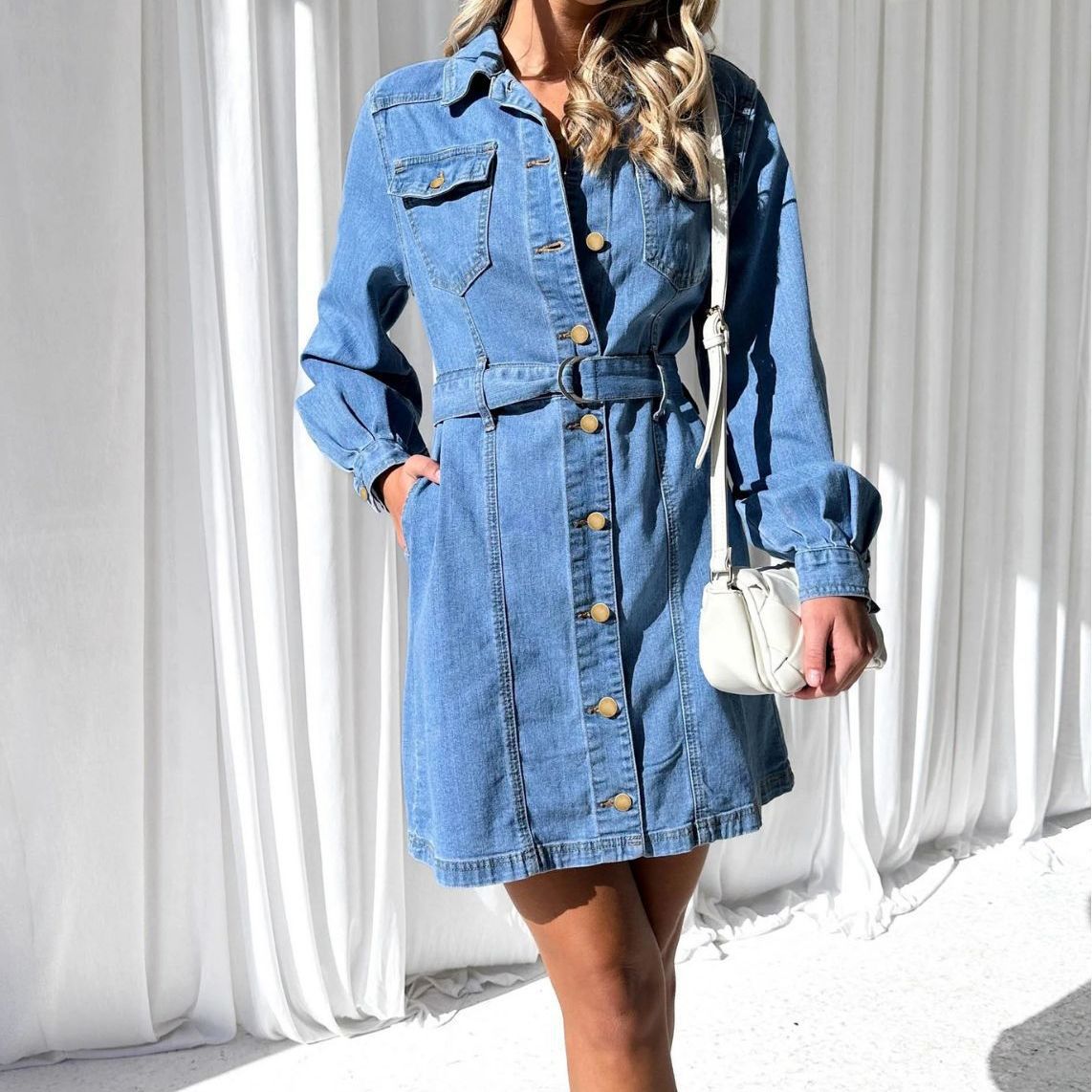 Fashionable and Casual Button-down Long-sleeved Denim Dress