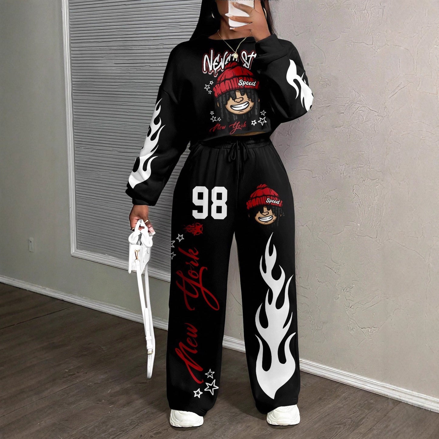 Casual Letter Print Crew Neck Sweatshirt and Pants Set