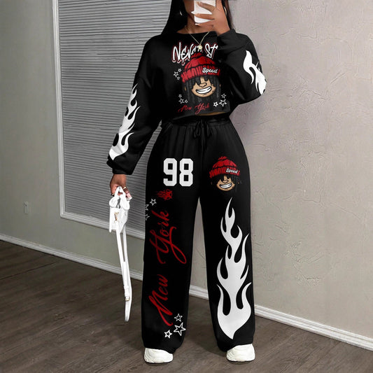 Casual Letter Print Crew Neck Sweatshirt and Pants Set