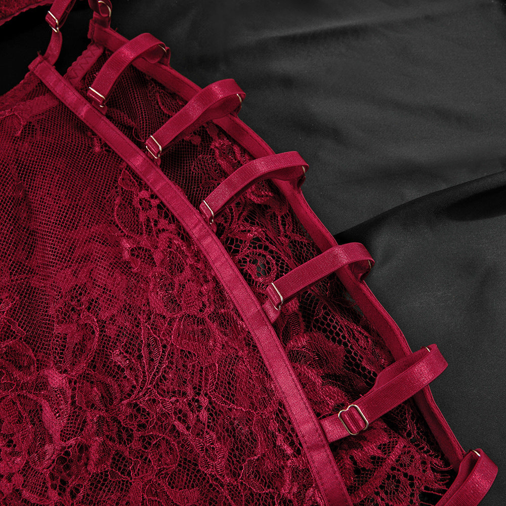 Lace Lace Underwire Gathered Sexy Hot Girl Suspenders Hip Skirt Three Piece Set