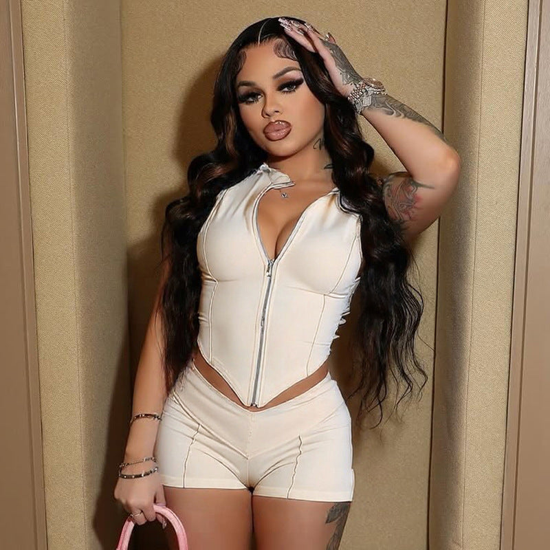 Zipper Lapel Sleeveless Line Navel High Waist Shorts Set