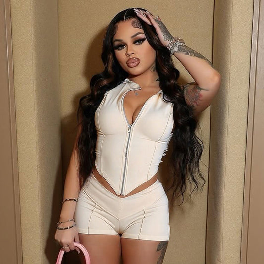 Zipper Lapel Sleeveless Line Navel High Waist Shorts Set
