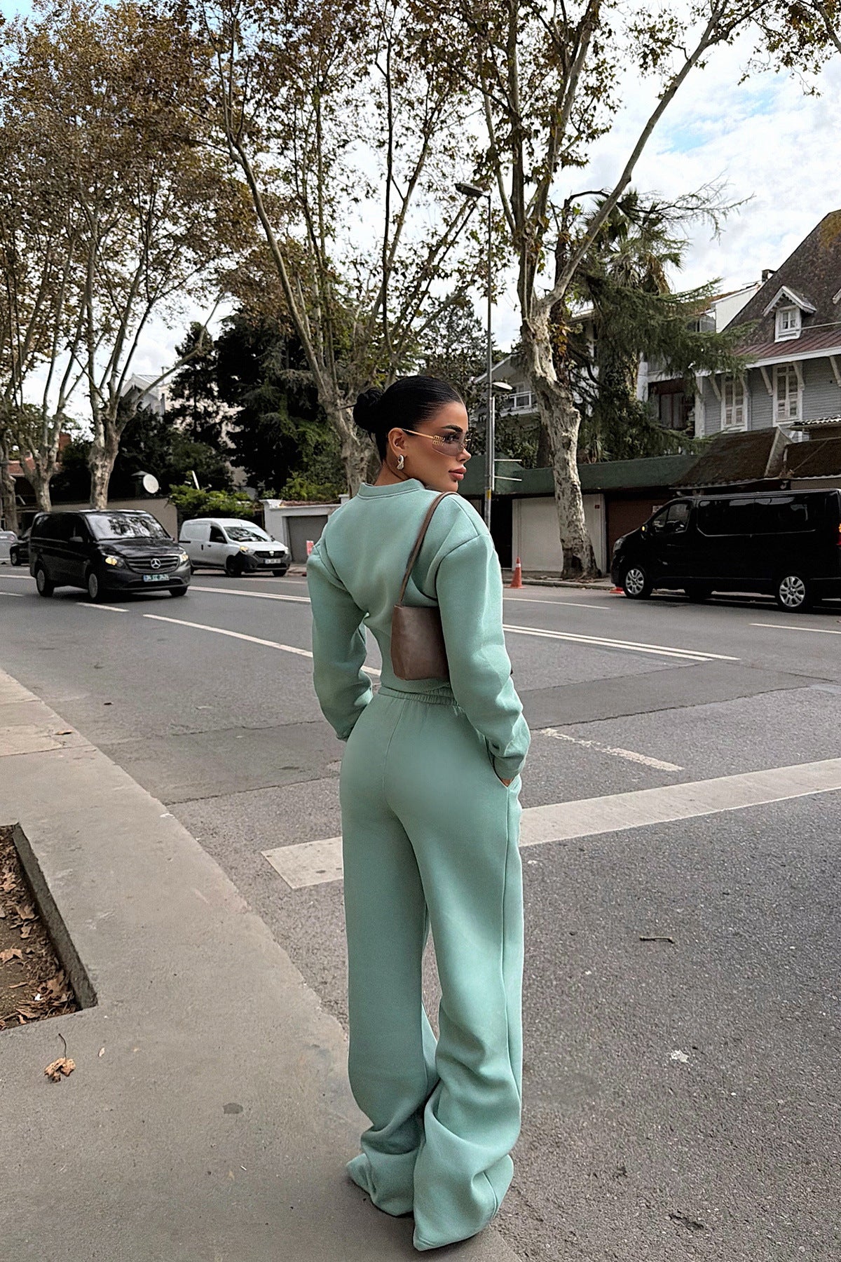 Stylish Solid Color Zip-up Cardigan and Wide-leg Pants Casual Suit