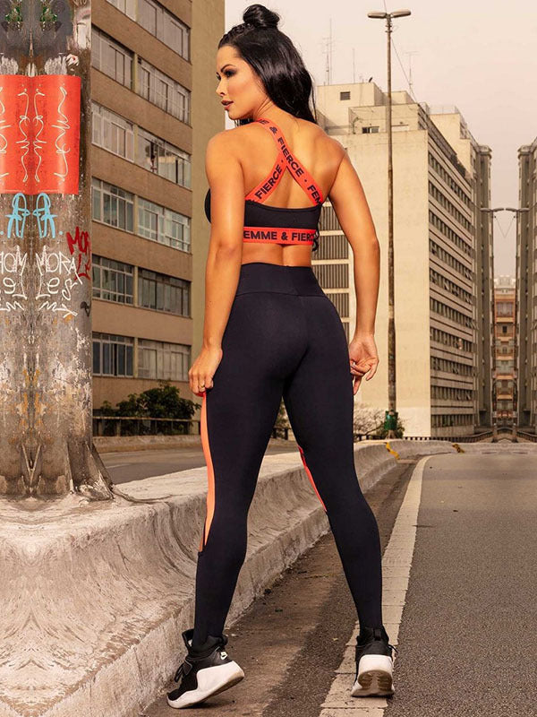 Breathable Contrast Color Hollow Bra Leggings Sports Fitness Set
