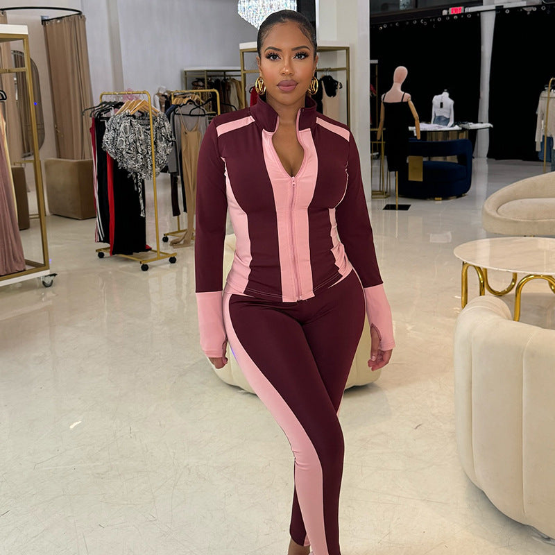 Contrast Color Stitching Zip-up Lapel Cardigan Tight High Waist Suit