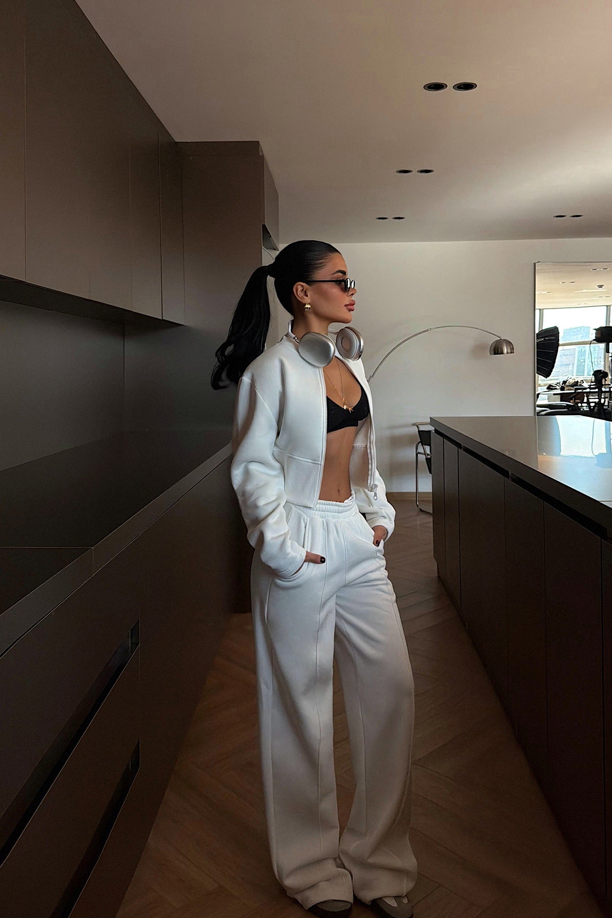 Stylish Solid Color Zip-up Cardigan and Wide-leg Pants Casual Suit