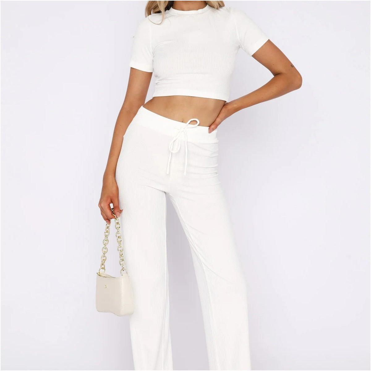 Solid Color High Elastic Shaping Short-Sleeve Wide-Leg Pants Casual Set