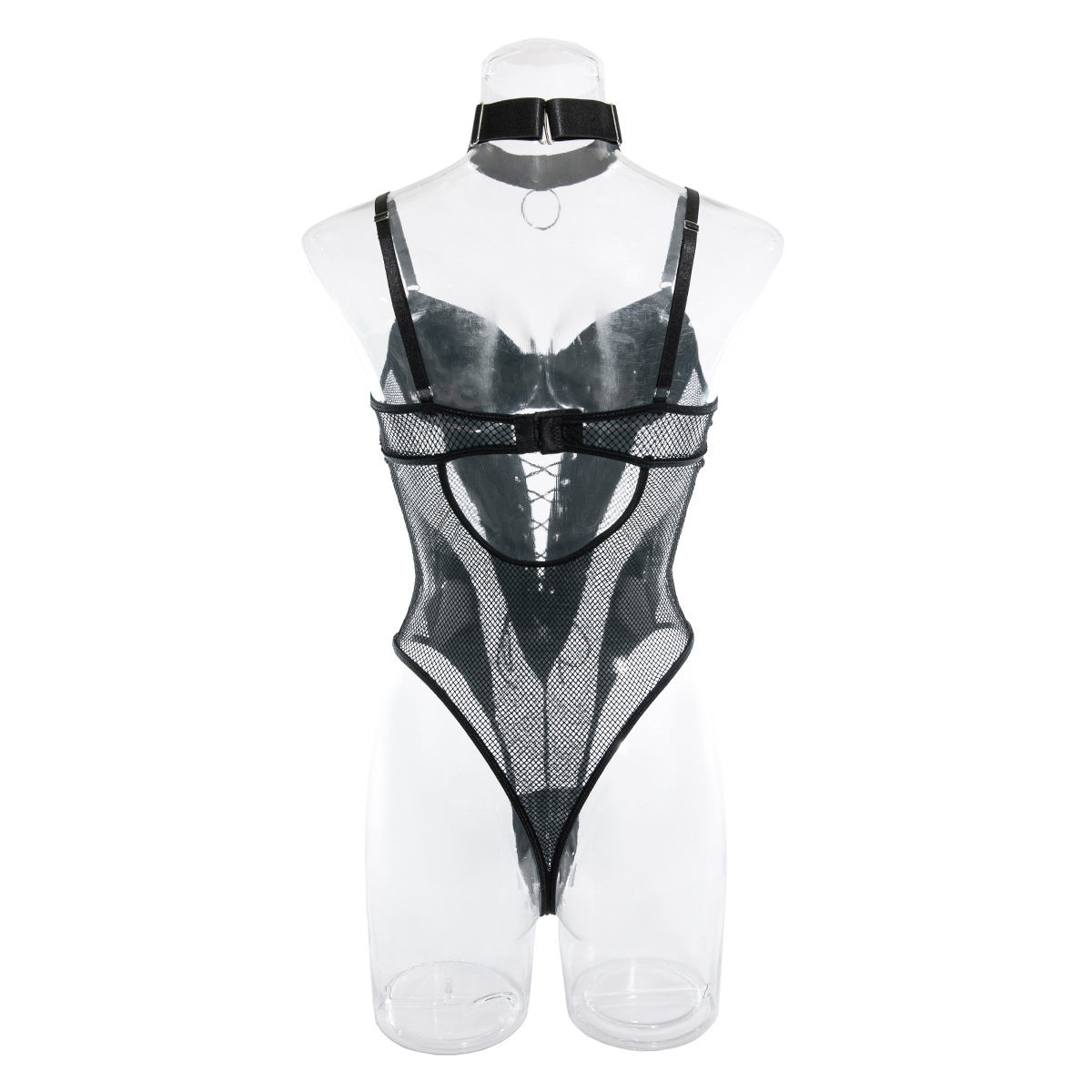 Nightclub Hottie Mesh Splicing Leather Tight Hollow Back Jumpsuit