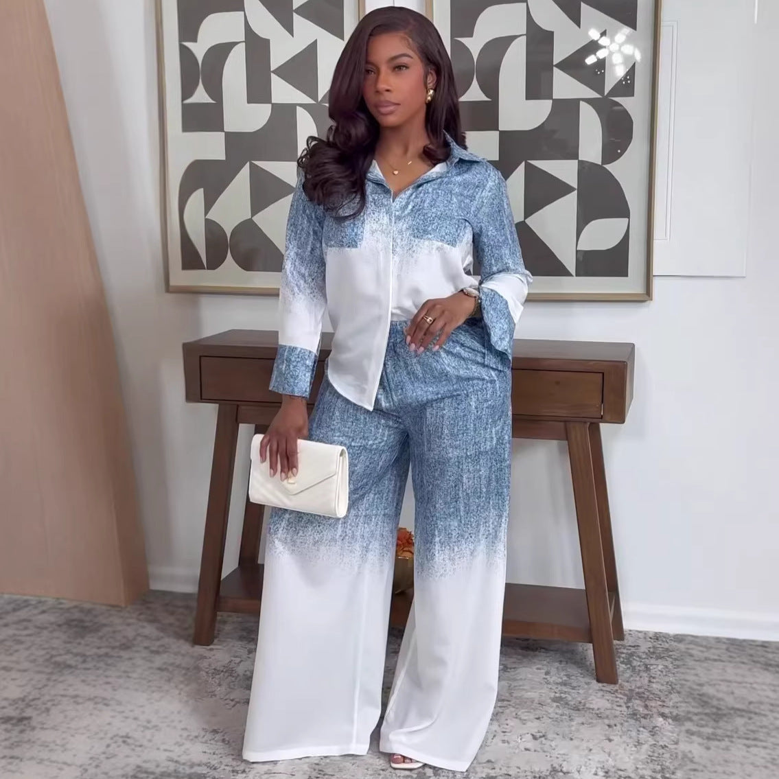 Color-blocked Long-sleeved Collared Shirt and High-waisted Trousers Suit