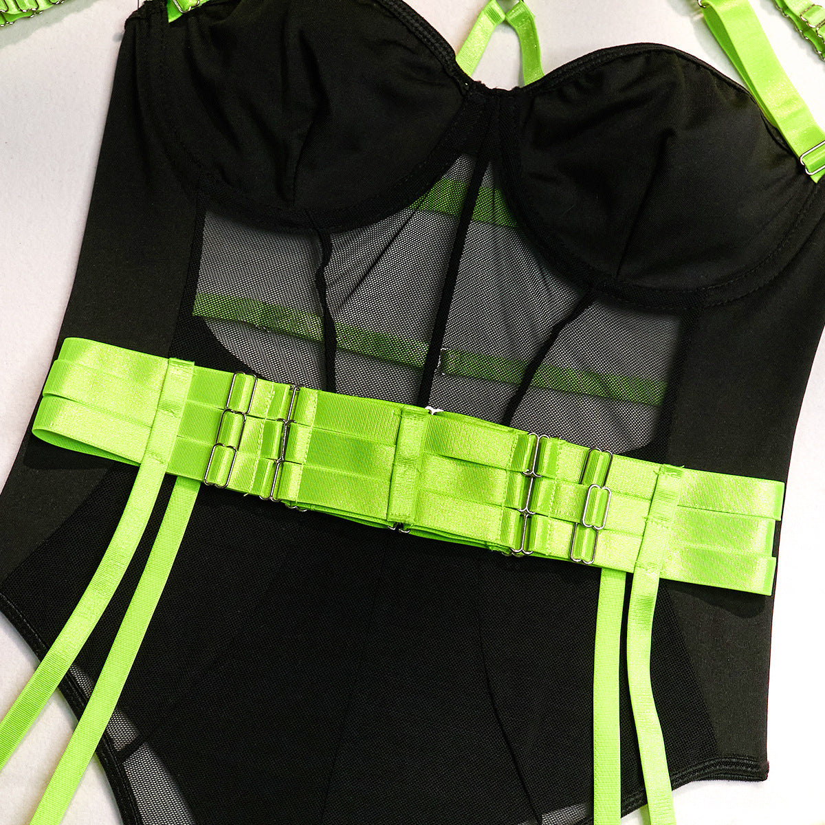 Sexy Fluorescent Green Scarf Strap Shawl Transparent Mesh Steel Ring Gathered Comfortable Jumpsuit
