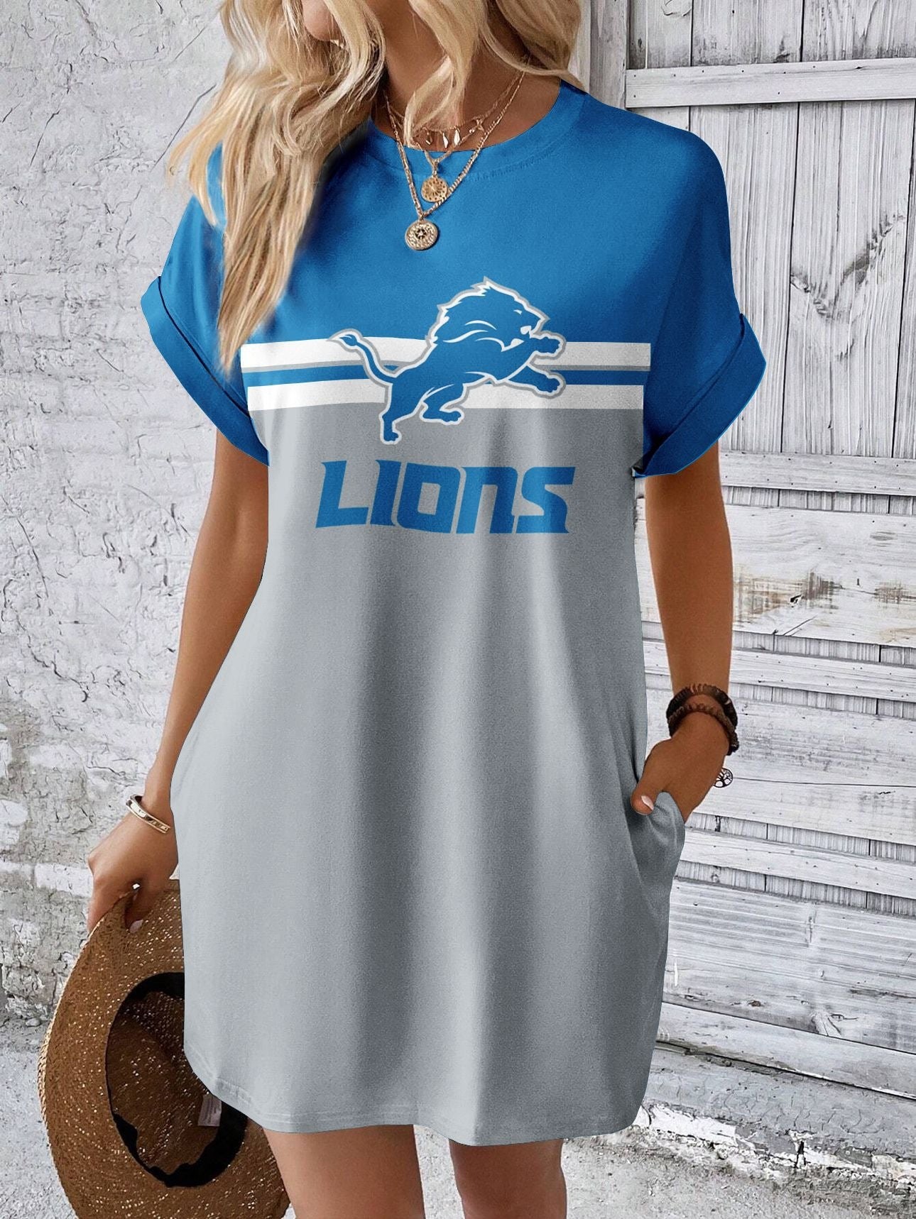 Detroit Lions Stylish Team Print Crew Neck Dress