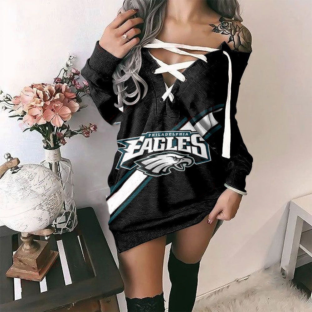Philadelphia Eagles Printed Lace-up V-neck Off-shoulder Hip Dress