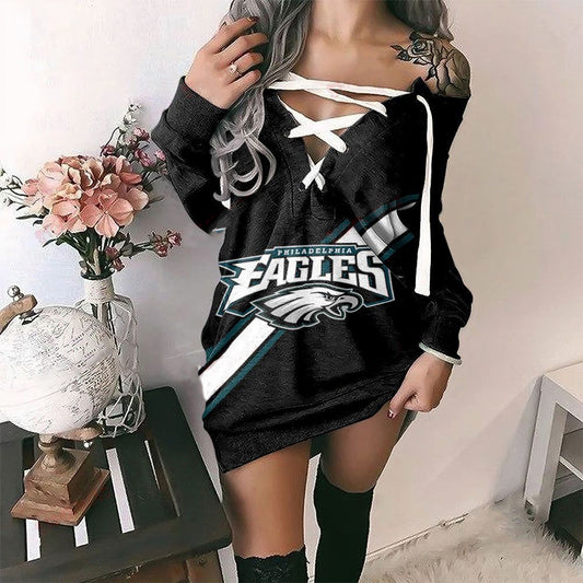 Philadelphia Eagles Printed Lace-up V-neck Off-shoulder Hip Dress