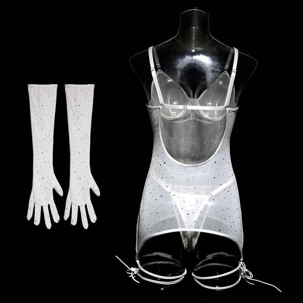 Sequined Nightclub Mesh Transparent Steel Ring Gathered Leggings with Gloves Dress Set